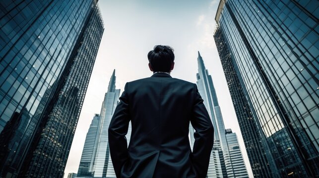 A man in a suit standing in front of a tall building with a clear blue sky in the background.