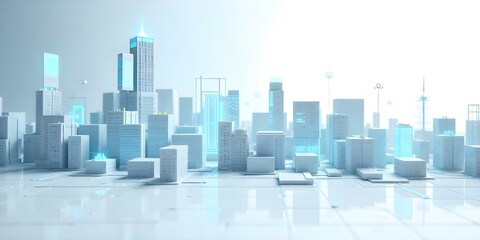 Naklejka premium An abstract futuristic city with blue glowing blocks and lines, creating a sense of technological advancement and connectivity, against a bright white background