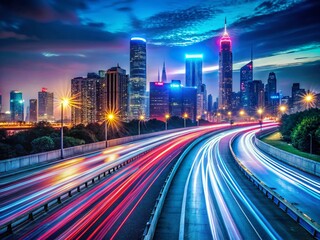 Obraz premium Night Highway Cityscape with Colorful Car Light Trails - Stock Photo