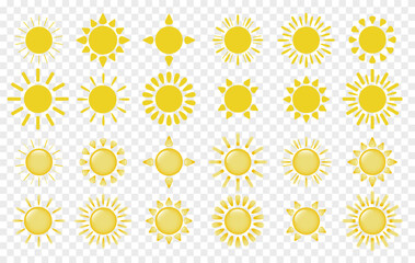 A large set of sun symbols on a transparent background. Sun-shaped logos. Vector EPS 10