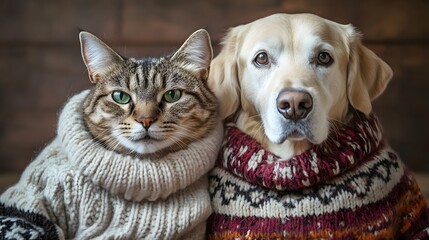 Cat and Dog in Matching Sweaters: A cat and dog wearing matching knitted sweaters, posing for a cute photo.
