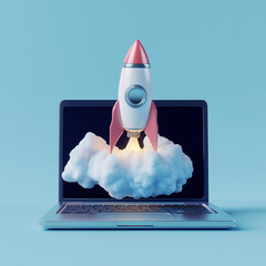 3D rocket missile launching on a Laptop screen blue background technology concept. . Tech innovation concept. Futuristic design. Digital illustration. white smoke rising in the air with rocket launch