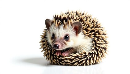 Tiny hedgehog isolated on pure white background, curled in a ball , dark, animal