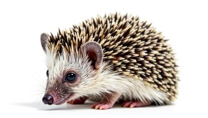 Obraz premium Tiny hedgehog curled, isolated on pure white background, invertebrate, wildlife photography, hedgehog