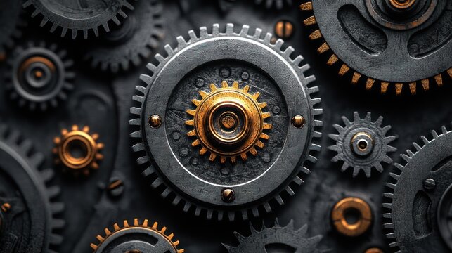 Intricate Gear Mechanism: A Close-Up of Metal Gears Interlocking in a Complex System