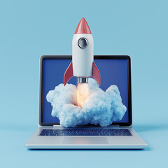 3D rocket missile launching on a Laptop screen blue background technology concept. . Tech innovation concept. Futuristic design. Digital illustration. white smoke rising in the air with rocket launch
