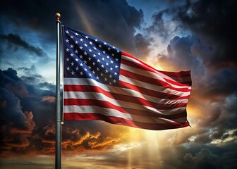 Obraz premium Night Photography: USA Flag Background, Stars and Stripes Illuminated at Night