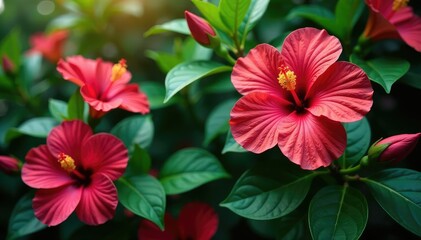 Vibrant tropical hibiscus blooms, lush greenery, endless repeat, lush, bright
