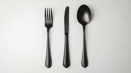 Classic spoon and fork in brushed steel finish, side by side on a pure white surface, photographed from a slight overhead angle. Created Using: matte texture finish, studio photography lens,
