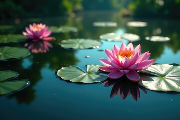 Water lilies create a floral pattern on still lake water, lake, tranquil, pattern