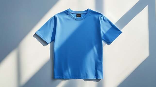 Classic crew neck cotton T-shirt in light blue, folded flat and centered on a seamless white surface. Soft studio shadows below. Created Using: lifestyle product photography,