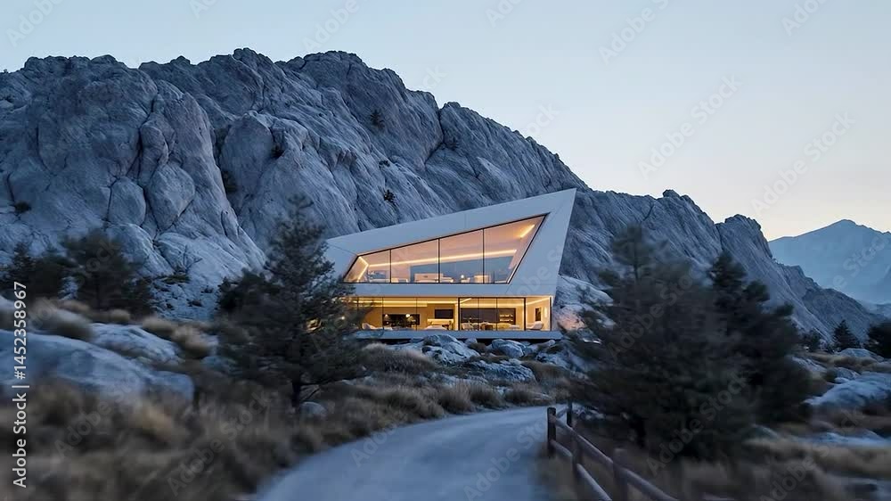 Poster a modern architectural structure, angular and glass-heavy, nestled against rugged mountains. soft tw