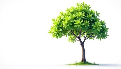 Young tree, slender trunk, few leaves, bright white background , clean, single