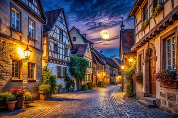 Fototapeta premium Night View of Historic Old Town, Charming Medieval Architecture, Illuminated Streets