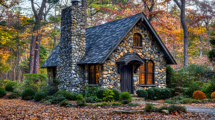 Rustic stone cottage nestled in autumnal forest.  Charming stone structure with dark gray roof and windows glowing warmly inside.  Surrounded by colorful fall foliage and leaf litter