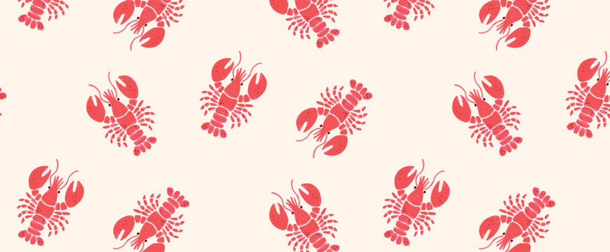 Seamless pattern with red watercolor lobsters on light background. Hand drawn marine animal repeat design in doodle style. Vector illustration for wrapping paper or textile surface.