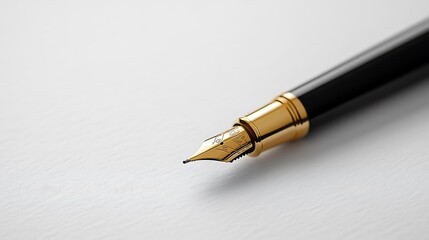 Fototapeta premium Elegant gold-trimmed black ballpoint pen, lying diagonally across white matte paper background, photographed from a slightly elevated angle. Created Using: luxury office accessory theme,