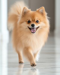 Pastel background elegant Pomeranian dog walking across a minimalist marble floor interior