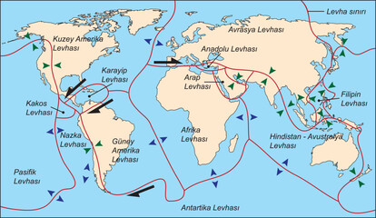 Tectonic plate world map. Continental ocean Pacific, volcano lithosphere geography plates. vector illustration.
