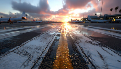 Airport runway lines with planes in the distance.  Generative AI.