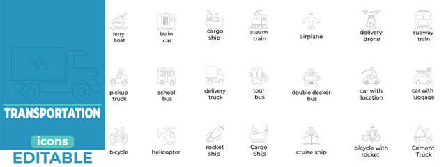 Clean line style transportation vector icons for apps and UI design. Modern editable vehicles, transit, travel symbols in minimalist outline style