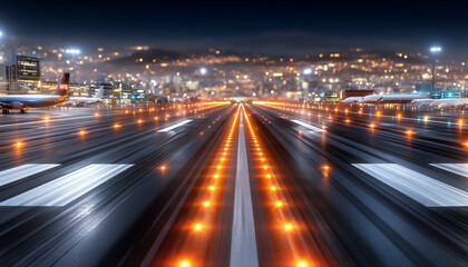 Obraz premium Airport runway lines with planes in the distance. Generative AI.