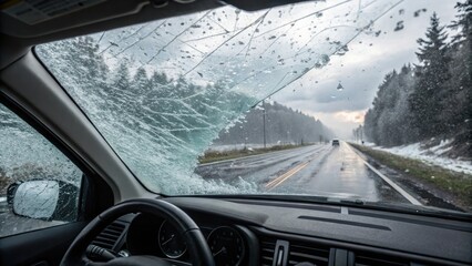 A car windshield is being cleared of ice, revealing a wet road and snowy landscape ahead.
