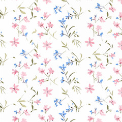 A delicate pattern of pink and blue flowers on a white background, perfect for floral design projects.