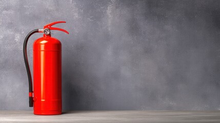 Bright red fire extinguisher placed against a textured gray wall, emphasizing safety equipment