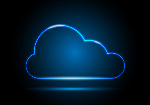 Neon digital cloud icon on a dark background. visualization of data transmission on the network. Futuristic cloud technology. Vector illustration.