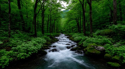 Obraz premium Serene Forest Stream Lush Greenery with Tranquil Flow.