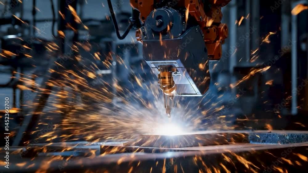 Poster Close-up of a welding process showcasing sparks flying from metal interaction. Strong contrast with bright light from the welding arc. Industrial setting with mechanical arms creating a dynamic compos