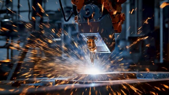 Close-up of a welding process showcasing sparks flying from metal interaction. Strong contrast with bright light from the welding arc. Industrial setting with mechanical arms creating a dynamic compos