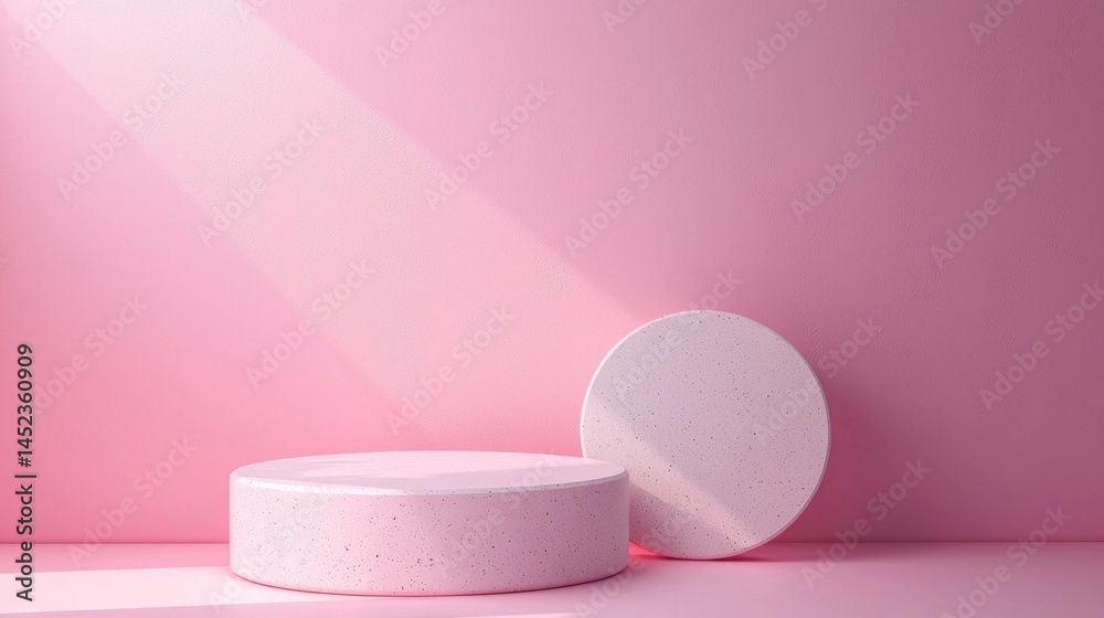 Poster a minimal podium setup featuring round pastel-colored platforms positioned against a softly lit pink
