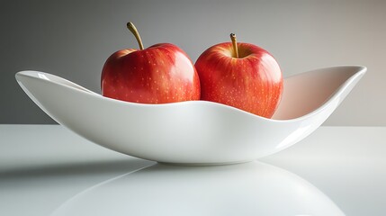 Red apples in modern white bowl, centered on white reflective surface, clean edge highlights, photographed at mid-angle for product display. Created Using: beauty light setup,