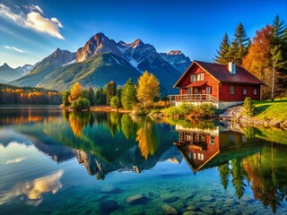 Fototapeta premium Panoramic Lake House Mountain View: Serene Lakeside Retreat with Stunning Mountain Scenery