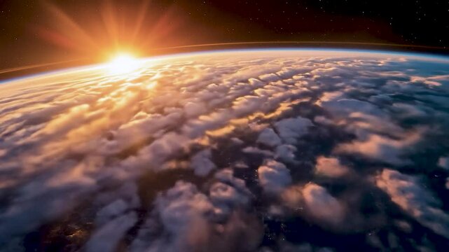 A breathtaking aerial view of Earth during sunrise, showcasing vibrant clouds illuminated by warm golden light. The composition highlights the curvature of the planet, creating a sense of depth and va