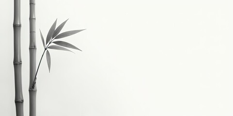 Serene Minimalist Monochrome Image Featuring Two Stalks of Bamboo and a Single Delicate Leaf Against a Plain Background