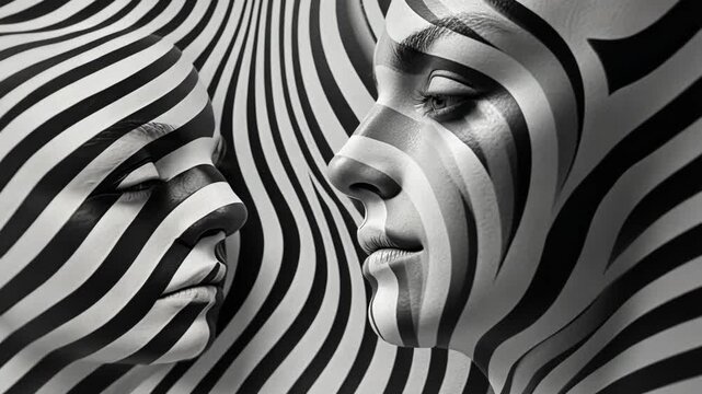 Psychedelic Black and White Zebra Face Illustration with Wavy Stripes and Spirals