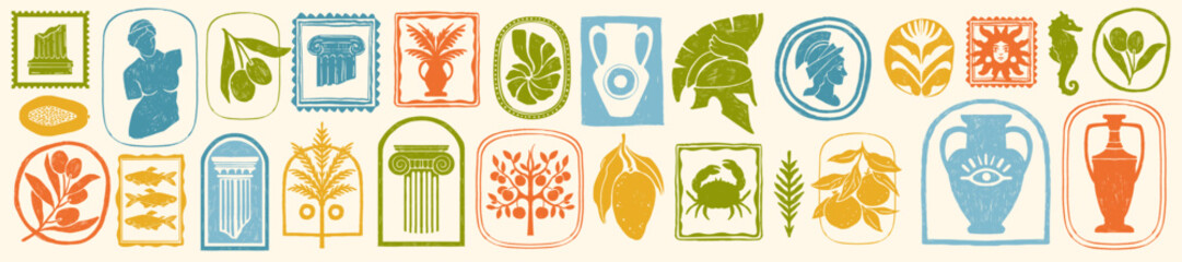 Greek summer travel print, Mediterranean ancient postcard graphic set vintage hand drawn Athens logo. Historical tourism culture stamps, antique sculpture and vase silhouette. Mythology Greek print