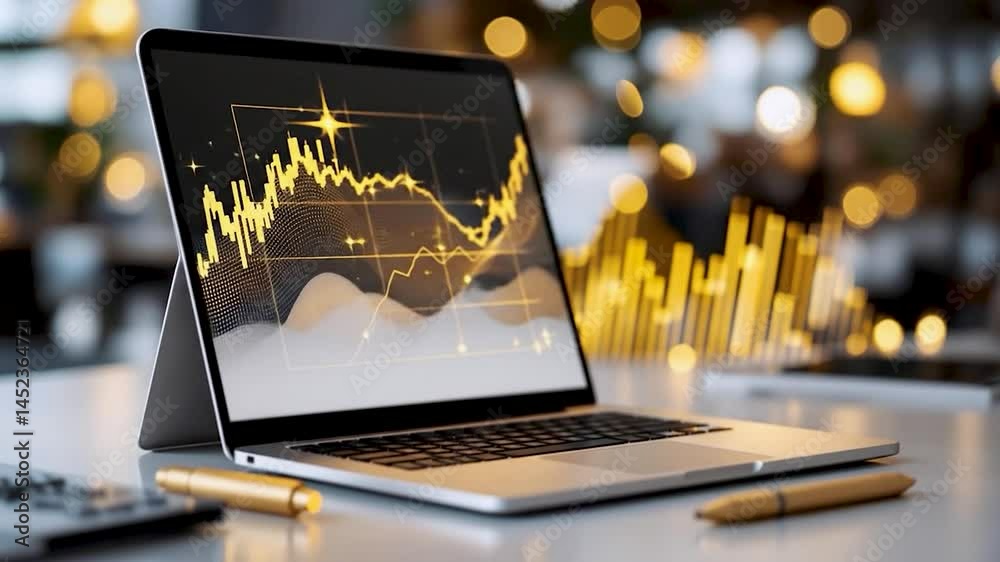 Fototapete A sleek laptop with a graphic chart displayed, positioned on a minimalist table. Warm ambient lighting enhances the modern atmosphere, while bokeh effects create a dynamic background. 