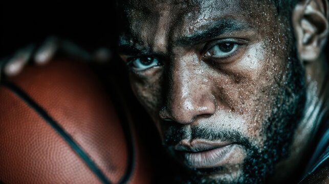 Moody close-up portrait of a determined sweaty African-American basketball player resting on the ball in low light perfect for powerful sports visuals, resilience campaigns and ads