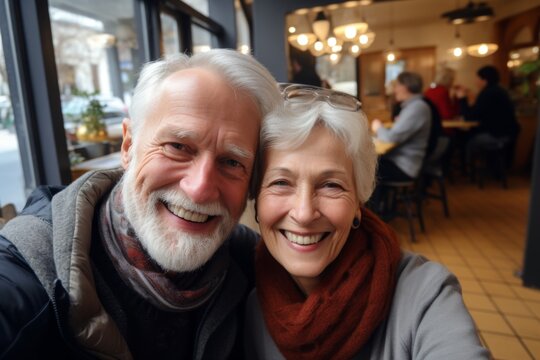 close up of a American senior couple taking selfie while sitting in cafe