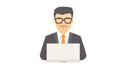 Businessman working on laptop icon, clean flat vector style, minimalist design, professional color palette