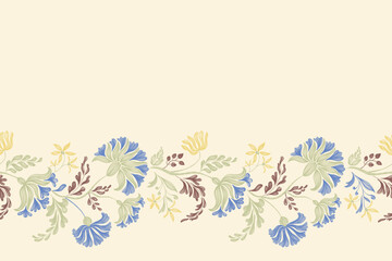 Blue floral pattern vintage ethnic modern tapestry embroidery texture boho design vector illustration hand drawn silhouette indigo flower motif branches leaves wallpaper seamless background border.