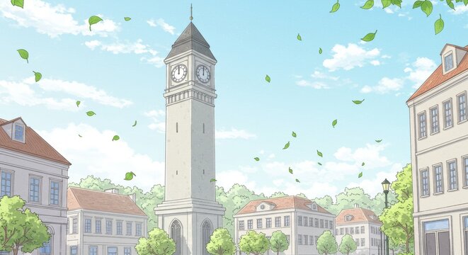 Tranquil cityscape illustration featuring clock tower and falling leaves