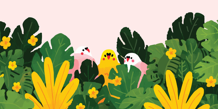 Two adorable parakeets peek out from behind lush tropical foliage, their bright colors contrasting against the vibrant greens and yellows of the leaves.