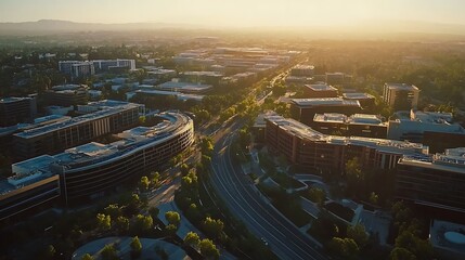 Aerial view of corporate campus buildings during sunset golden hour in silicon valley california usa area