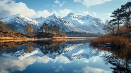 Fototapeta premium A stunning landscape showcasing majestic mountains and a tranquil lake. The reflections enhance the beauty of nature. Experience serene moments in the great outdoors. Generative AI