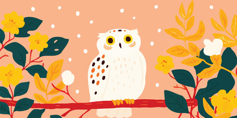Cute snowy owl perched on a branch, surrounded by autumn leaves and flowers. 